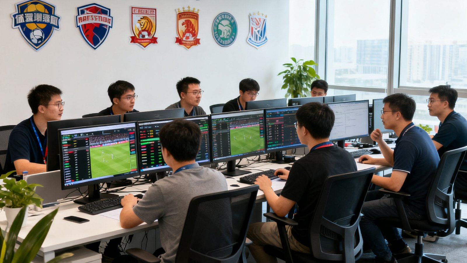 低调看球网深圳技术团队在现代开放式办公室内讨论产品方案的场景，十几位工程师围坐在显示器前分析赛事数据，墙上挂着多个联赛标志