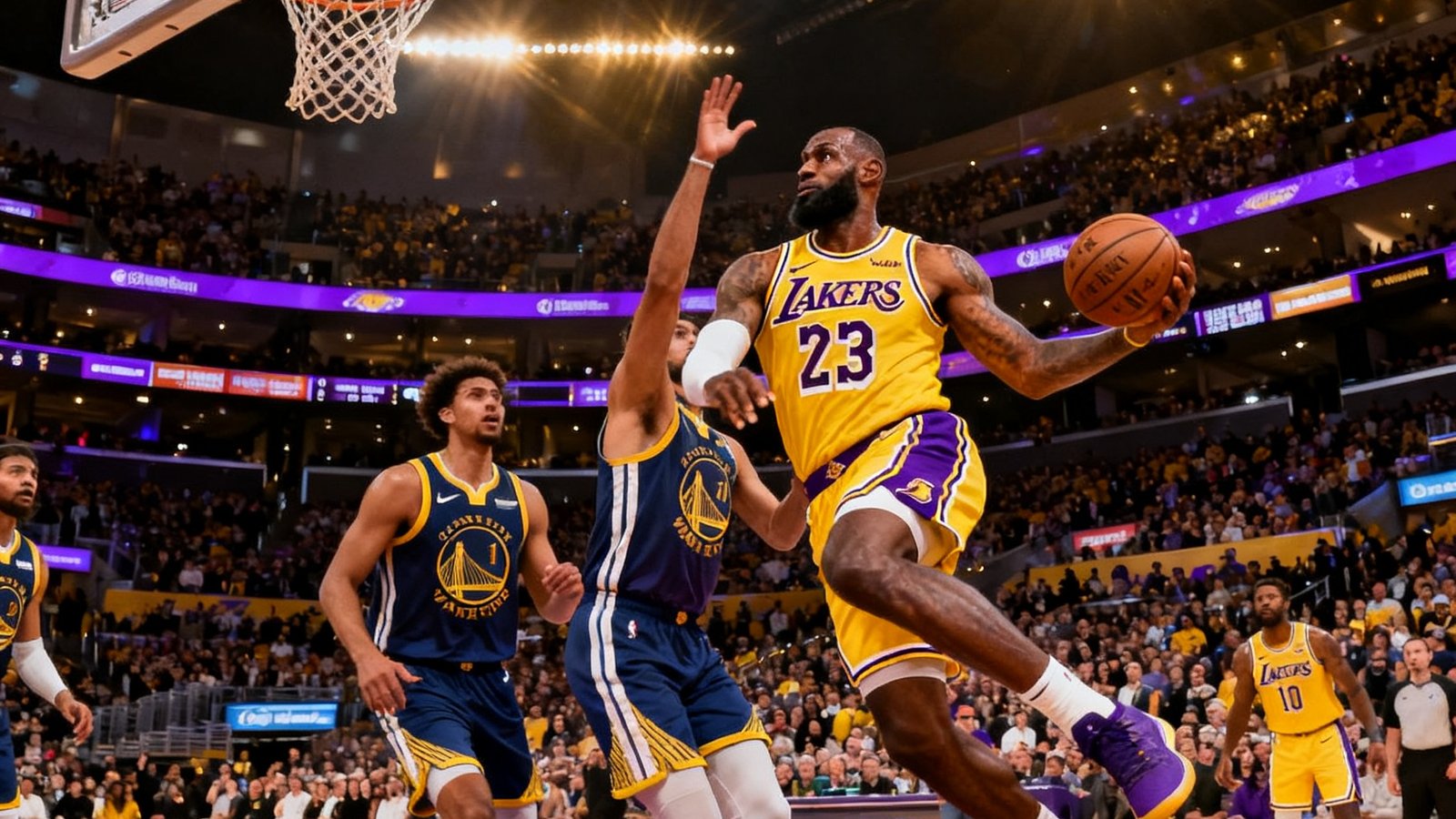 NBA常规赛洛杉矶湖人队主场对阵金州勇士队的比赛直播画面，湖人队詹姆斯持球突破勇士队防线，球馆内紫色金色灯光交织，数万名观众气氛热烈