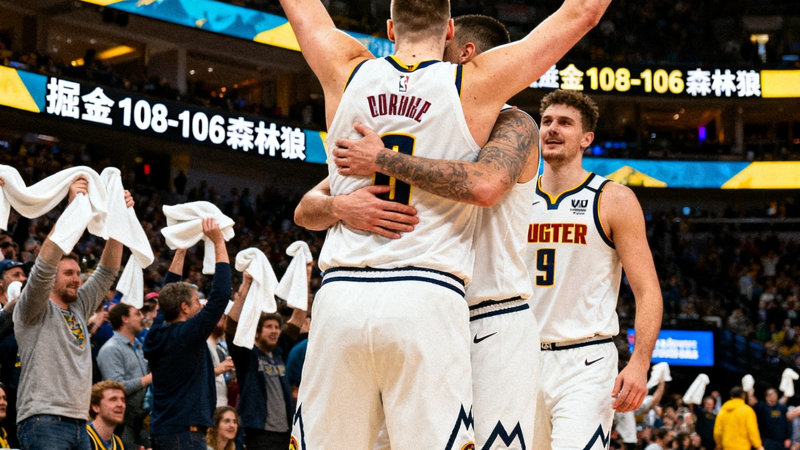NBA西部半决赛掘金队客场逆转森林狼队赛后庆祝画面，约基奇高举双臂与队友拥抱，场边球迷挥舞白色毛巾，记分牌显示最终比分